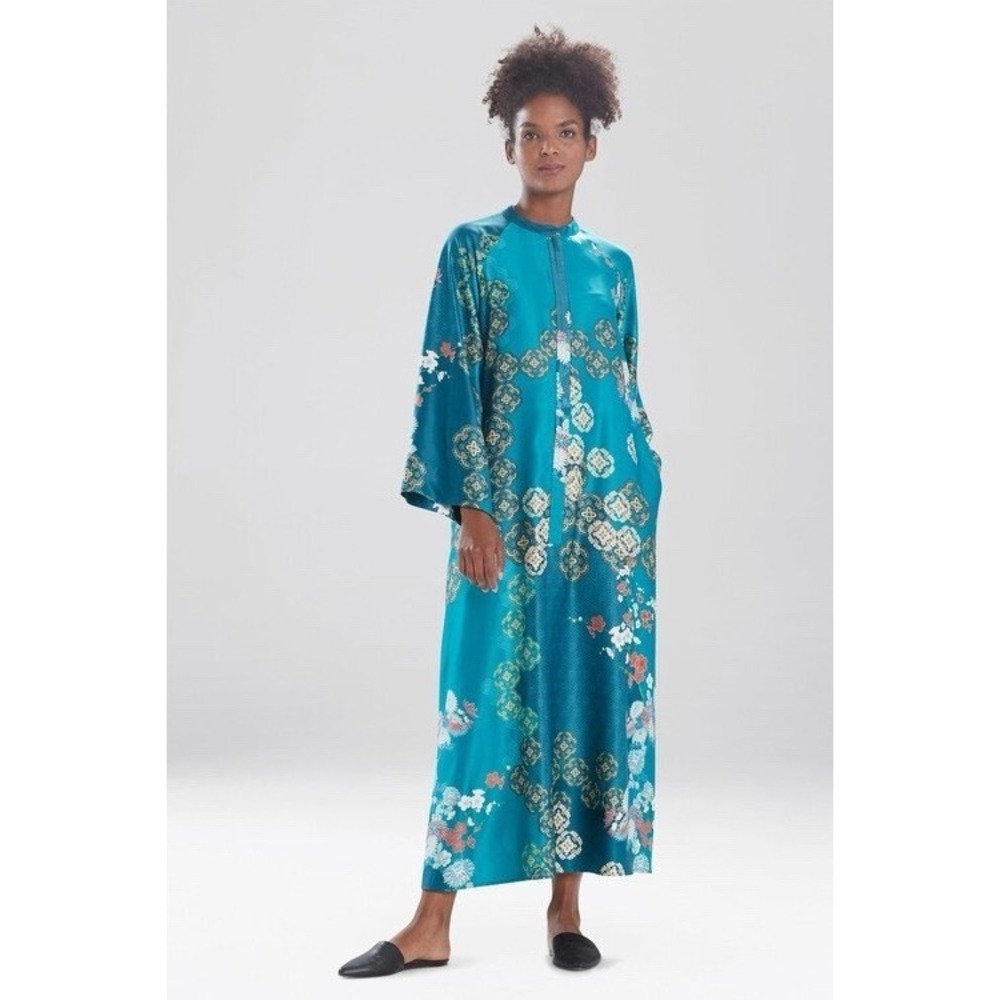 Natori Medallion Zip Placket Caftan Small Teal